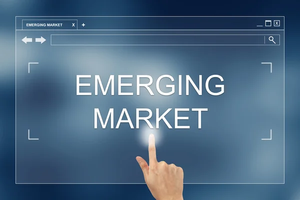 Hand press on emerging market button on website — Stock Photo, Image