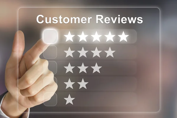 Business hand pushing customer reviews on virtual screen — Stock Photo, Image