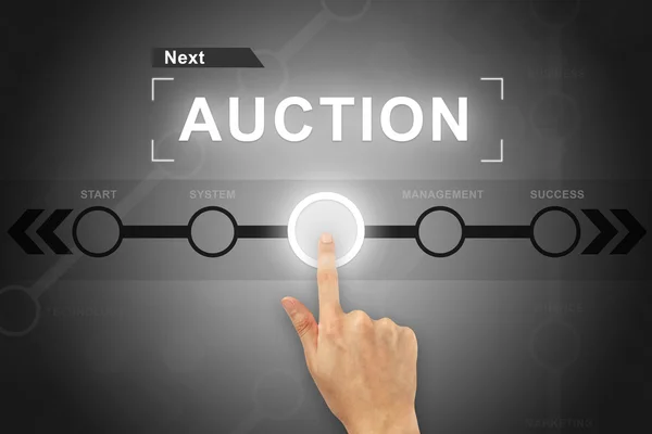Hand clicking auction button on a screen interface — Stock Photo, Image