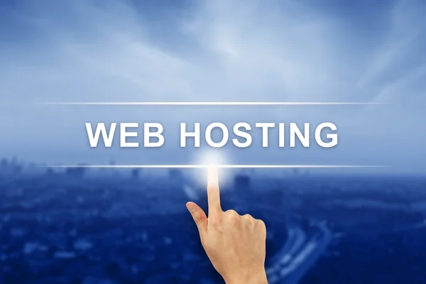 Hand clicking web hosting button on touch screen — Stock Photo, Image