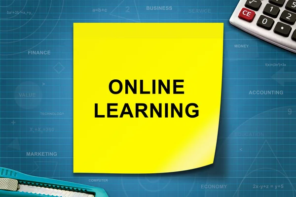 Online learning word on yellow note — 스톡 사진