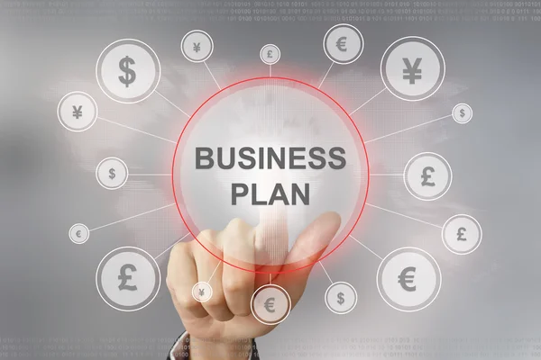 Business mano premendo il pulsante del business plan — Foto Stock