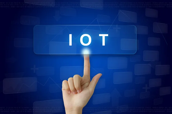 Hand press on IOT or internet of things button on touch screen — Stock Photo, Image