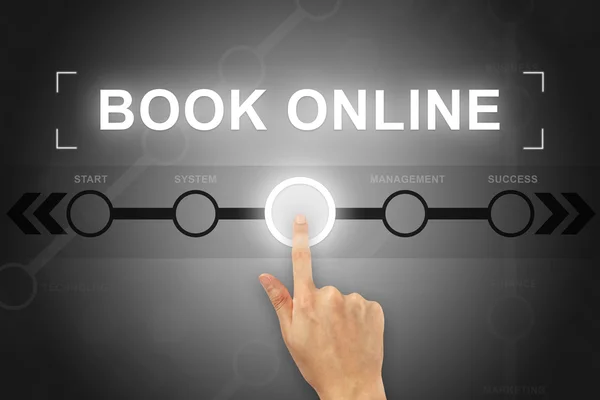 Mano cliccando sul pulsante book online su un'interfaccia schermo — Foto Stock