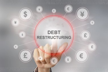business hand pushing debt restructuring button clipart
