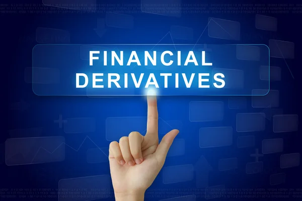 Hand press on financial derivatives button on touch screen — Stock Photo, Image