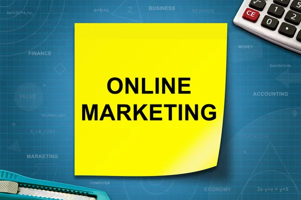 Online marketing word on yellow note — Stock Photo, Image