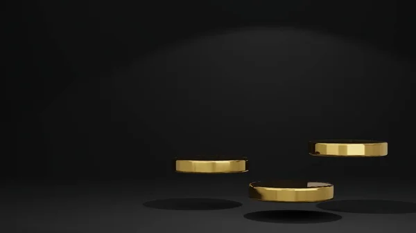 Altın ve siyah ürün standı ile siyah arkaplanın 3D görüntülenmesi