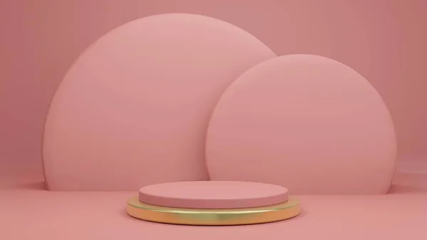 Pembe eski gül arkaplanının 3 boyutlu canlandırması. Ürün standı pembe ve altın rengi.