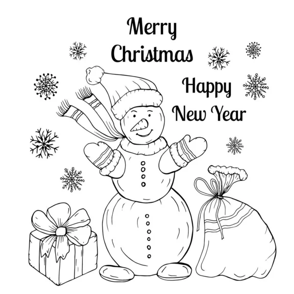 Colorare Biglietto di Natale con pupazzi di neve. Pagina da colorare biglietto di auguri. — Vettoriale Stock
