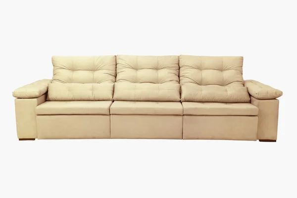 Sofa Długie Miękkie Wygodne Beżowe Krzesło Izolowane Białym Tle — Zdjęcie stockowe