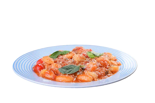 Gnocchi Pasta Salsa Roja Con Queso Parmesano Tomate Albahaca Hierbas —  Fotos de Stock