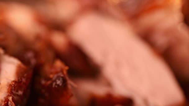 고기를 썰어 만든 구운 고기 국물을 자세히 조사하는 모습 — 비디오