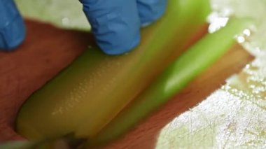 Tahta üzerinde turşuları dilimleyip yakın plan çekiyoruz.. 