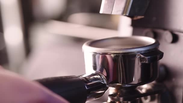 電気粉砕機の閉じるショットスチールチンチフィルターホルダーでコーヒー豆を挽く. — ストック動画