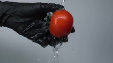 Siyah eldivenli bir adam kırmızı domatesi tutar ve su altında yıkar. Kırmızı domatesi suyla yıkamak Gri sırtüstü yüzmek