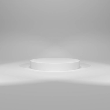 Beyaz arka planda iki spot ışığı ile beyaz yuvarlak kaideyi üç boyutlu yorumlama