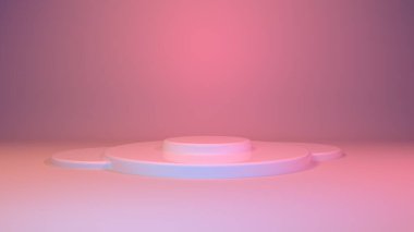 3D görüntüleme podyumu. Ürün tasarımı için boş alan. Yeni ürün için sahne gösterisi. Afişler arka planda. Kozmetik. Kürsüde. 
