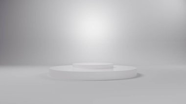 Paketleme sunumu için 3D Beyaz Podyum. Renkli plastik desenli bir ürün sergisi. Beyaz üzerine doğal güzellik kaidesi. 3d illüstrasyon