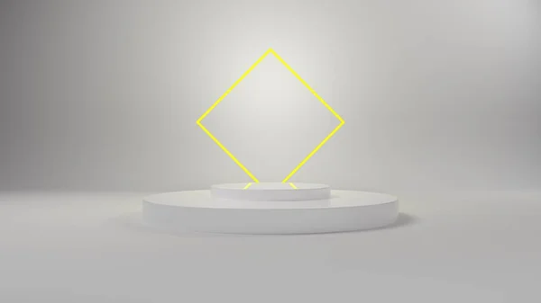 Bílé 3D pódium se žlutým neonovým světlem pro balení prezentace. Produkt displej s bílou plastovou texturou. 3D ilustrace — Stock fotografie