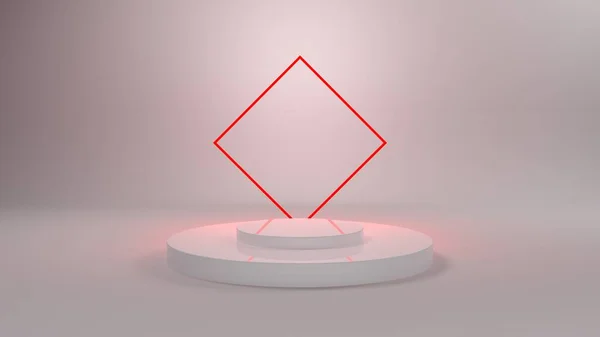Білий 3D Подіум з червоним неоновим світлом для презентації упаковки. Відображення продукту з білими пластиковими текстурами. 3d ілюстрація Стокове Зображення