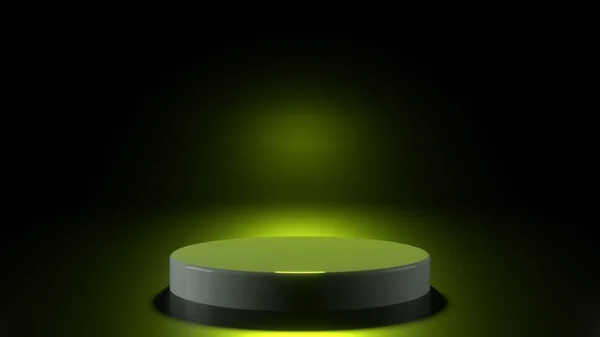Soporte de representación 3D podio sobre fondo negro con luz verde — Foto de Stock