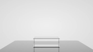Paketleme sunumu için 3 boyutlu cam podyum. Beyaz plastik dokuları ve beyaz arkaplanı olan ürünler. 3d illüstrasyon