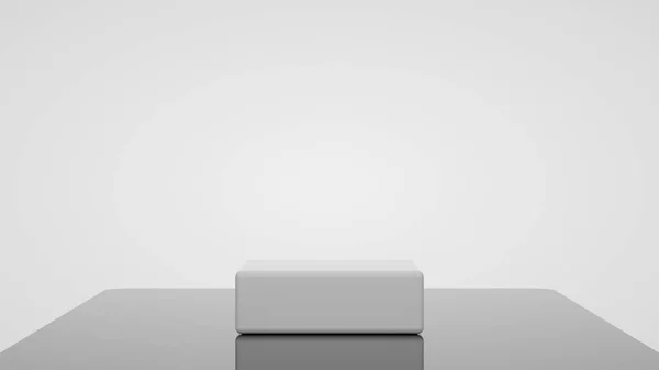 3D білий квадратний подіум для презентації упаковки. Відображення продукту з білими пластиковими текстурами, скляною підлогою та білим тлом. 3d ілюстрація Стокове Фото