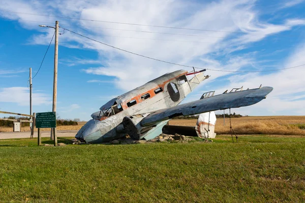 Crashed airplane in open field.  Norway, Illinois, USA