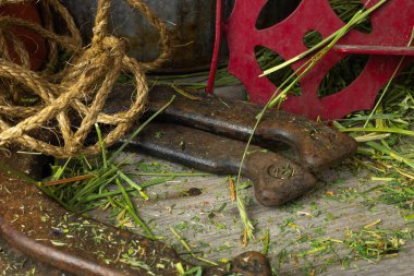 Saman kaplı ahşap zeminde paslanmış ve yıpranmış çiftlik eşyaları.