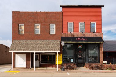 Geneseo, Illinois - United States - October 7th, 2025: Exterior of downtown buildings and storefronts in Geneseo, Illinois, USA.