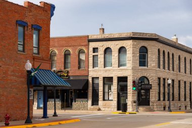 Geneseo, Illinois - United States - October 7th, 2025: Exterior of downtown buildings and storefronts in Geneseo, Illinois, USA.