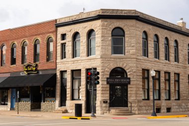 Geneseo, Illinois - United States - October 7th, 2025: Exterior of downtown buildings and storefronts in Geneseo, Illinois, USA.