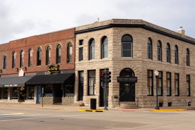 Geneseo, Illinois - United States - October 7th, 2025: Exterior of downtown buildings and storefronts in Geneseo, Illinois, USA.