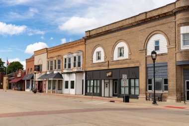 Cambridge, Illinois - United States - October 7th, 2025: Downtown buildings and storefronts on N Prospect Street in Cambridge, Illinois, USA.