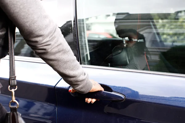 Woman in Jacket Opening Car Door — Stock Photo, Image