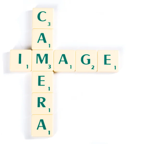 Crucigrama de cámara e imagen con Scrabble Azulejos Imagen de archivo