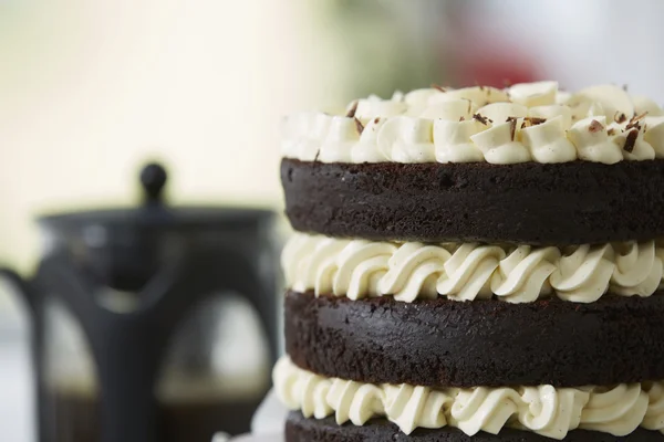 Παρηκμασμένος στρώμα κέικ σοκολάτας με καφέ Λάρνακα — Φωτογραφία Αρχείου