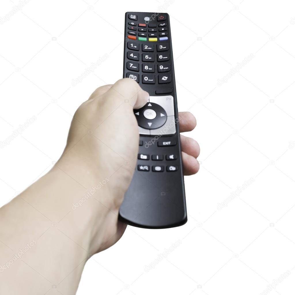 Man adjusting the volume on a remote control