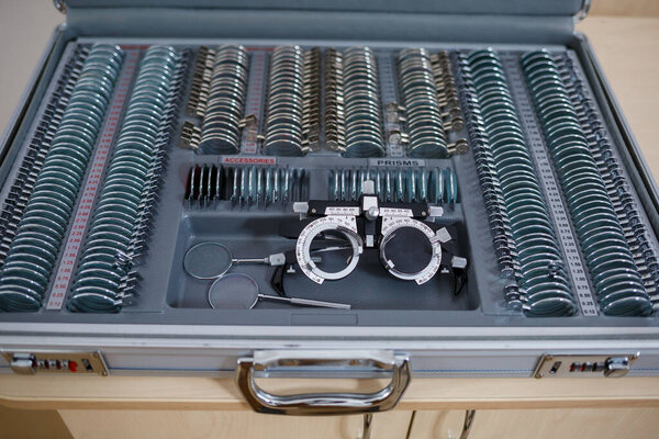A set of lenses for checking vision and selecting glasses with different diopters. Selection of glasses for vision.
