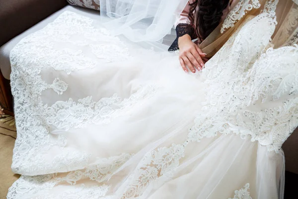 Bride Holds Her Hands Beautiful Wedding Dress — Stock Photo, Image