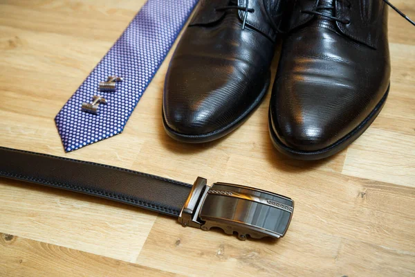 Men Accessories Shoes Belt Tie Cufflinks — Stock Photo, Image