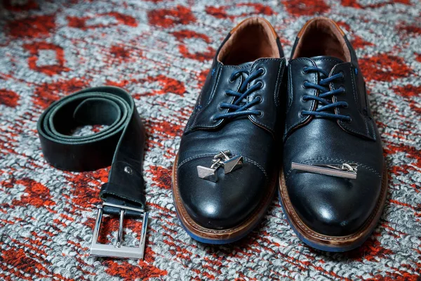 Men Accessories Shoes Belt Tie Cufflinks — Stock Photo, Image