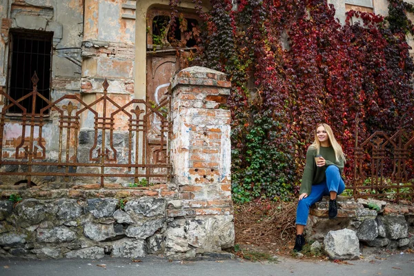 Spaziergang Eines Schönen Mädchens Pullover Und Jeans — Stockfoto