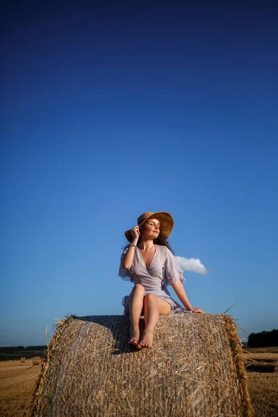 Una Hermosa Joven Con Sombrero Vestido Verano Sienta Una Gavilla — Foto de Stock