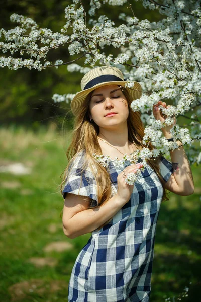 Schönes Mädchen Einem Kleid Das Frühlingswald Spaziert Die Bäume Blühen — Stockfoto