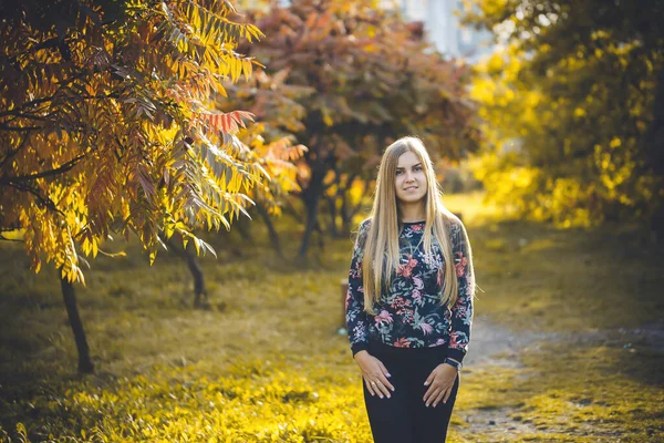 Frau Langhaarige Blondine Einer Gasse Mit Bäumen Mit Roten Blättern — Stockfoto