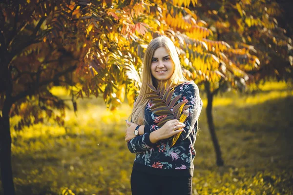 Женщина Длинноволосая Блондинка Переулке Деревьями Красными Листьями Довольна Уверенностью Фотосессии — стоковое фото