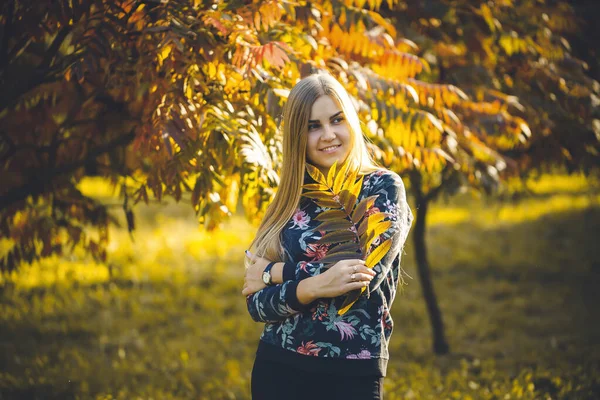 Mujer Rubia Pelo Largo Callejón Con Árboles Con Hojas Rojas — Foto de Stock