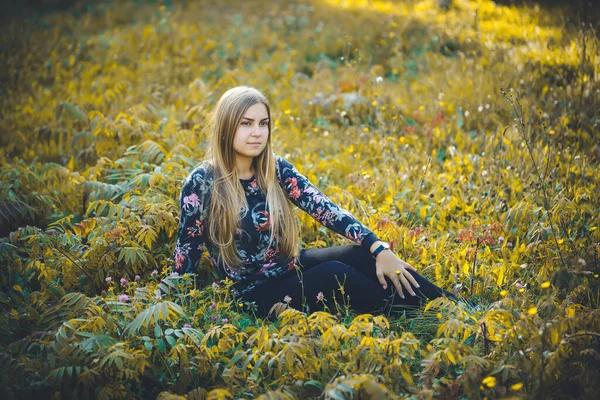 Mulher Bonita Uma Camisola Calças Sentadas Natureza Outono Com Folhas — Fotografia de Stock